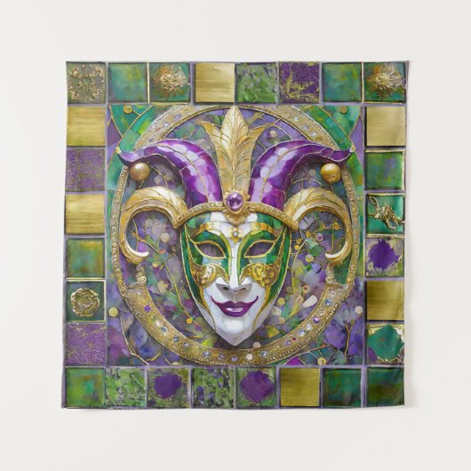 Goudgroen Paarse Mardi Gras Jester Mask Wandkleed (Voorkant)
