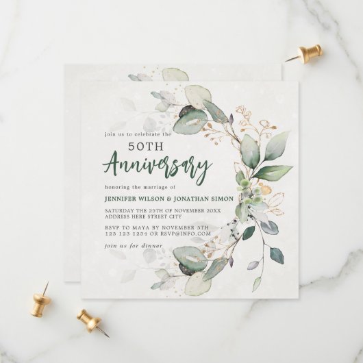 Goudgroene Eucalyptus 50ste bruiloft Jubileum Save The Date (Voorkant / Achterkant in situ)