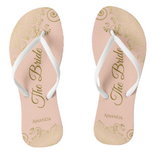 Goudkant op koraalstrand De bruidbruid-legant brui Teenslippers