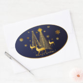 Goudkerstbomen en rendieren ovale sticker (Envelop)