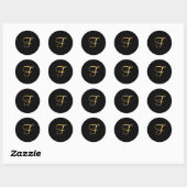 Goudkleurig initiaal f op zwart monogram rond Cl Ronde Sticker (Vel)