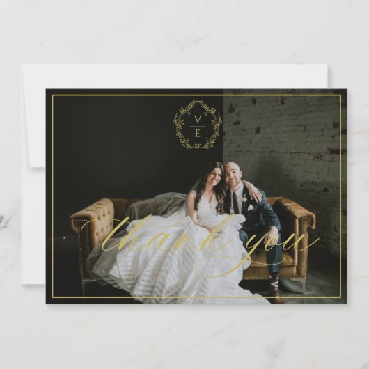  goudkleurig monogram bruiloft fotomarinemacht bedankkaart (Voorkant)