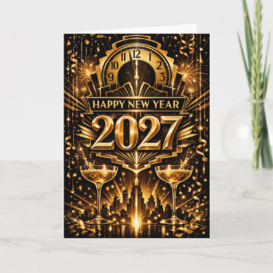 Goudkleurige Art Deco Stad Nieuwjaar 2027 Feestdagen Kaart