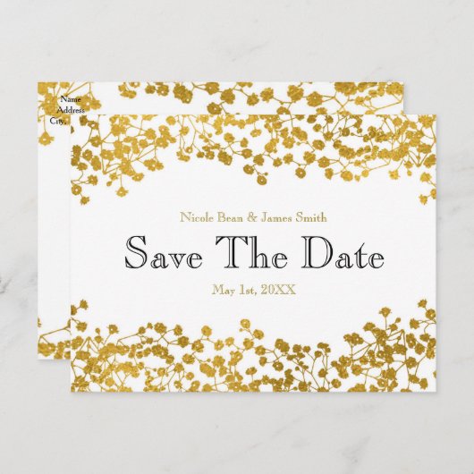 Goudkleurige Baby's Breath Witte Save the Date Aankondigingskaart (Voorkant / Achterkant)