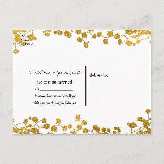 Goudkleurige Baby's Breath Witte Save the Date Aankondigingskaart (Achterkant)