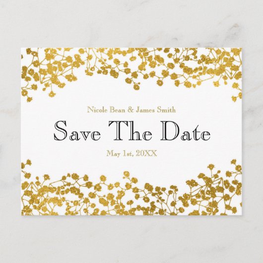 Goudkleurige Baby's Breath Witte Save the Date Aankondigingskaart (Voorkant)