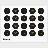 Goudkleurige initiaal R op zwart monogram rond Ronde Sticker (Vel)