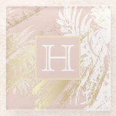 Goudkleurige palmboombladeren monogram met blos glazen onderzetter (Voorkant)