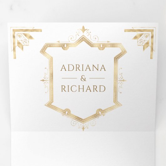 goudkleurige QR-code Wit huwelijk Drieluik Uitnodiging (Binnenzijde eerst)