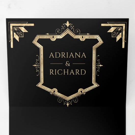  goudkleurige QR-code (zwart huwelijk) Drieluik Uitnodiging (Binnenzijde eerst)
