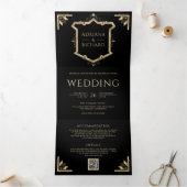 goudkleurige QR-code (zwart huwelijk) Drieluik Uitnodiging (Binnen)