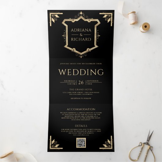  goudkleurige QR-code (zwart huwelijk) Drieluik Uitnodiging (Binnen)