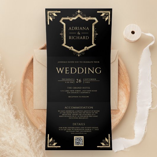 goudkleurige QR-code (zwart huwelijk) Drieluik Uitnodiging