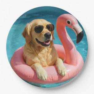 Goudkleurige Retriever Drijvend Op Een Flamingo Zw Papieren Bordje