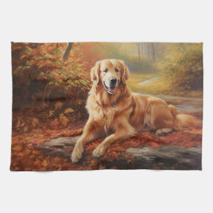Goudkleurige Retriever in de herfst Inspireren Val Theedoek