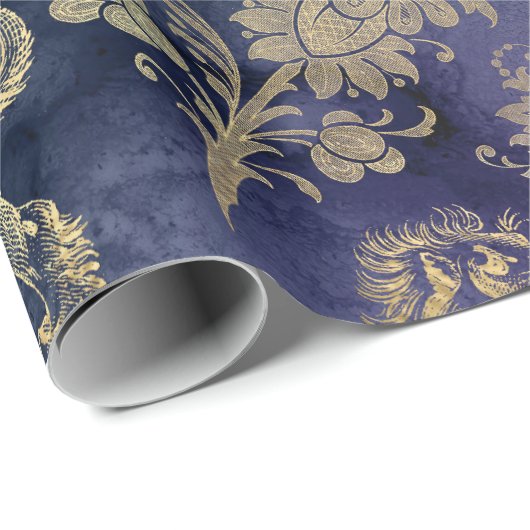 Goudleeuwen en bloemen op Paars Cadeaupapier (Rol Hoek)