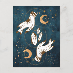 Goudmaanfasen kristallen henna tattoo handen blauw briefkaart