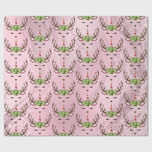 Goudmarmer eenhoornrendierpatroon van Girly roos Cadeaupapier (Vlak)