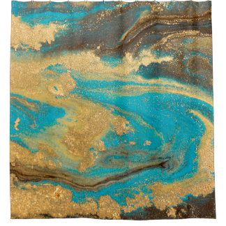 Goudmarmertextuur. Blauwe en gouden marb Douchegordijn