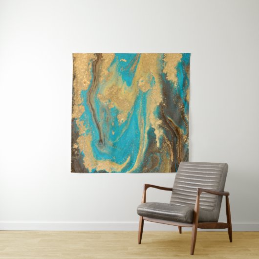 Goudmarmertextuur. Blauwe en gouden marb Wandkleed (In Situ (horizontaal))