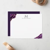 goudmonogram voor elegant paars en roos notitiekaartje (Voorkant / Achterkant in situ)