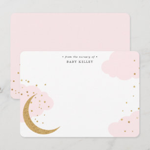 Goudmoon en sterren, roze wolken, Baby flat Notitiekaartje