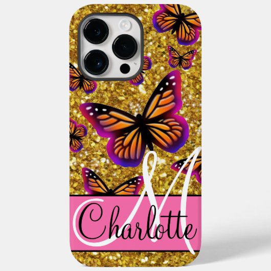 Goudmousserende glitter, oranje roze vlinder Case-Mate iPhone case (Achterkant)