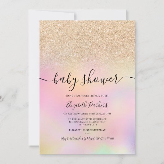 Goudombre glitter holographic girl baby shower kaart (Voorkant)