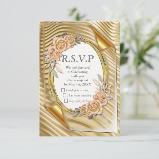 Goudpapier met legante Rozen RSVP Kaartje (Staand voorkant)