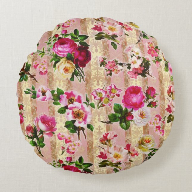  goudplatte roze rozen Damask Rond Kussen (Voorkant)