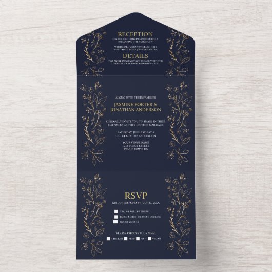  goudrondjes op marinesblauwe bruiloft | A All In One Uitnodiging (Binnen)