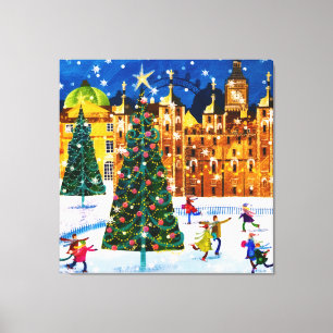 goudroze kerstwinter-ijsschaatsen canvas afdruk