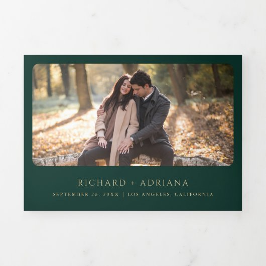  goudrust QR Code Emerald Green Wedding Drieluik Uitnodiging (Cover)