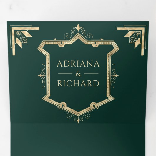  goudrust QR Code Emerald Green Wedding Drieluik Uitnodiging (Binnenzijde eerst)