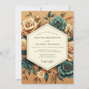 Goudsbloem Theebruine Vintage Flora Bruiloft Kaart
