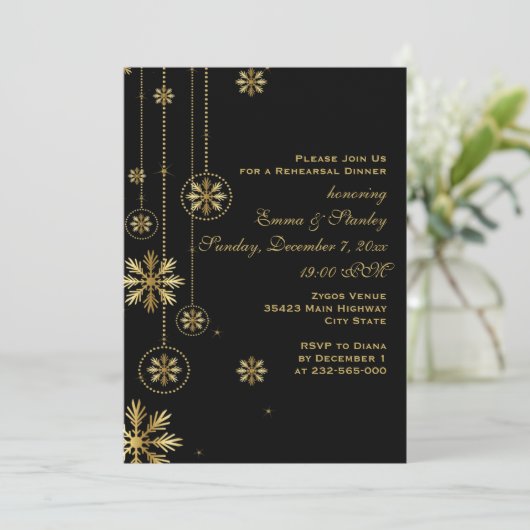 Goudsneeuwvlokken Zwarte trouwrepetitie diner Kaart (Staand voorkant)