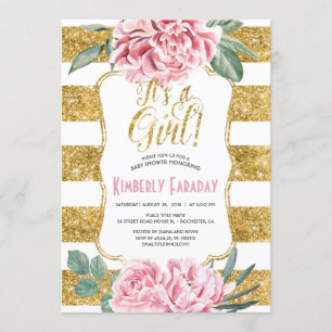 Goudstripes Floral  Baby shower Kaart