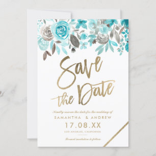Goudturquoise florale waterverf met uitzondering v save the date