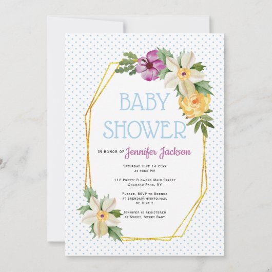goudveelhoek, bloemen, polka stift baby shower kaart (Voorkant)