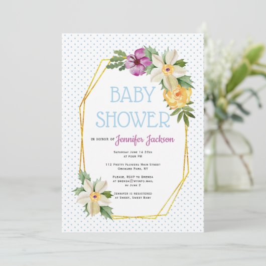 goudveelhoek, bloemen, polka stift baby shower kaart (Staand voorkant)