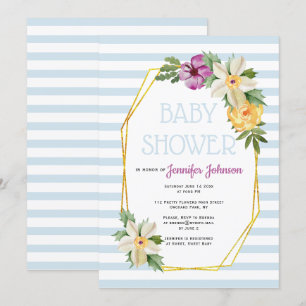 Goudveelhoek en bloemen blauw baby shower kaart