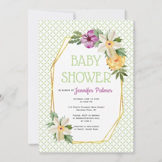 Goudveelhoek en bloemen groen baby shower kaart (Voorkant)