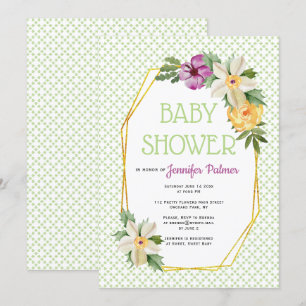 Goudveelhoek en bloemen groen baby shower kaart
