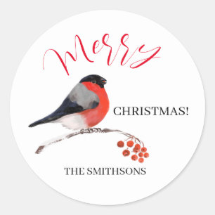Goudvink en rode lijsterbes, Prettig kerstfeest! Ronde Sticker