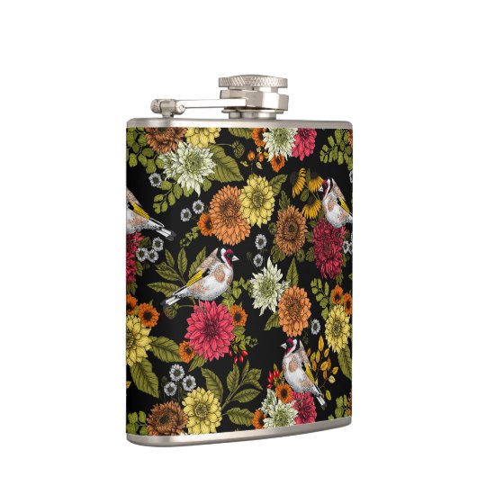 Goudvinken in de tuin op zwart heupfles (Rechts)