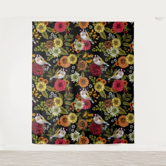 Goudvinken in de tuin op zwart wandkleed (Voorkant)