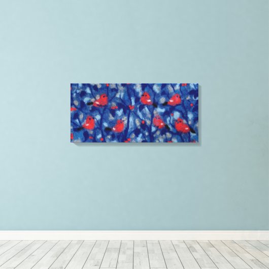 Goudvinken, Rode Vogels Blauwe Bomen Vezelschilder Canvas Afdruk (Insitu (Houten vloer))