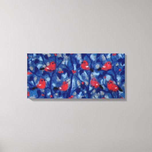 Goudvinken, Rode Vogels Blauwe Bomen Vezelschilder Canvas Afdruk (Voorkant)