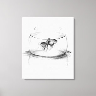 Goudvis in kom en water Potlood tekening kunst Canvas Afdruk