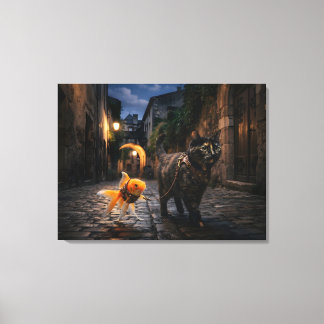 Goudvis loopt kat aan de lijn canvas afdruk